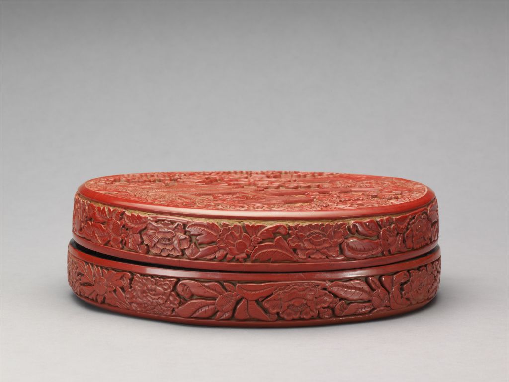 图片[1]-Carved red round box with piano to visit friends-China Archive